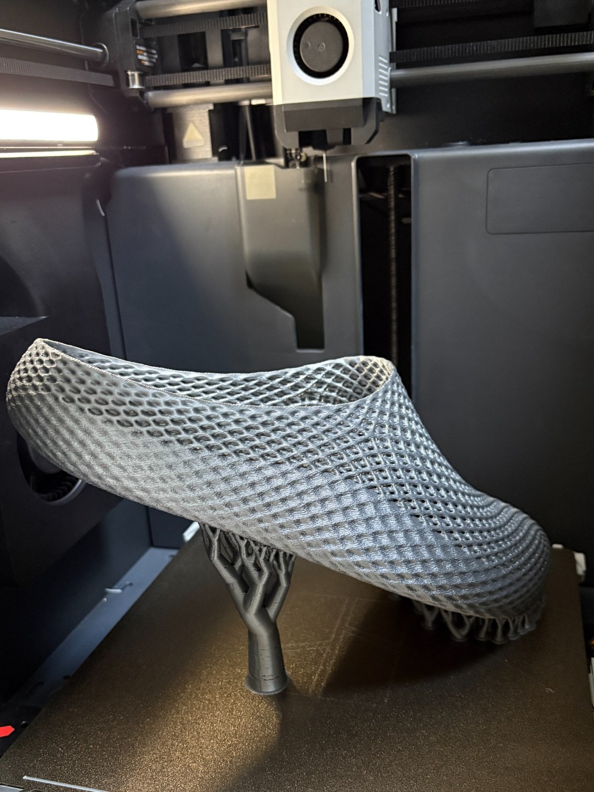 3D printed Croc being printed in a Bambu Lab printer